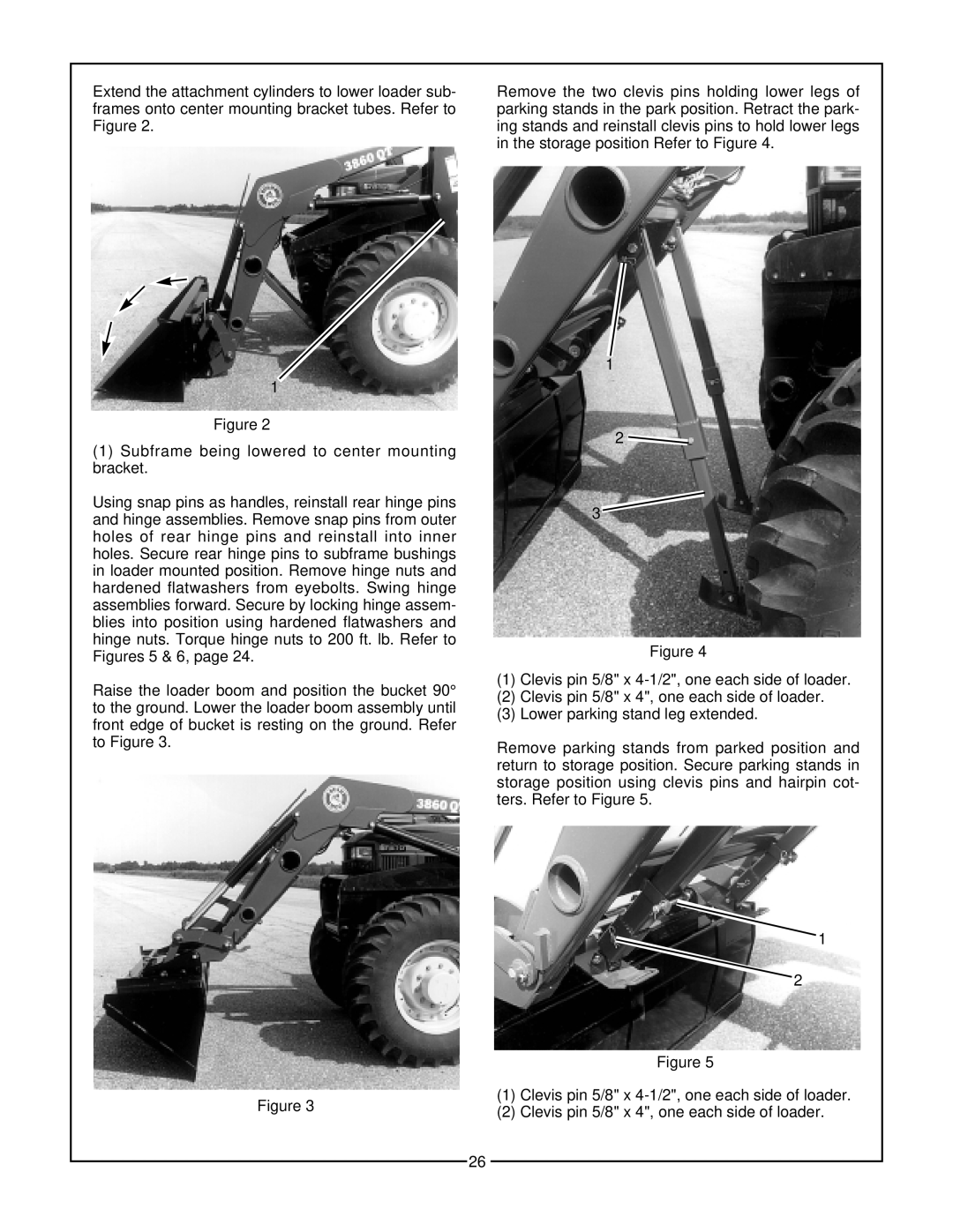 Bush Hog 3860 QT manual Subframe being lowered to center mounting bracket, Clevis pin 5/8 x 4-1/2, one each side of loader 