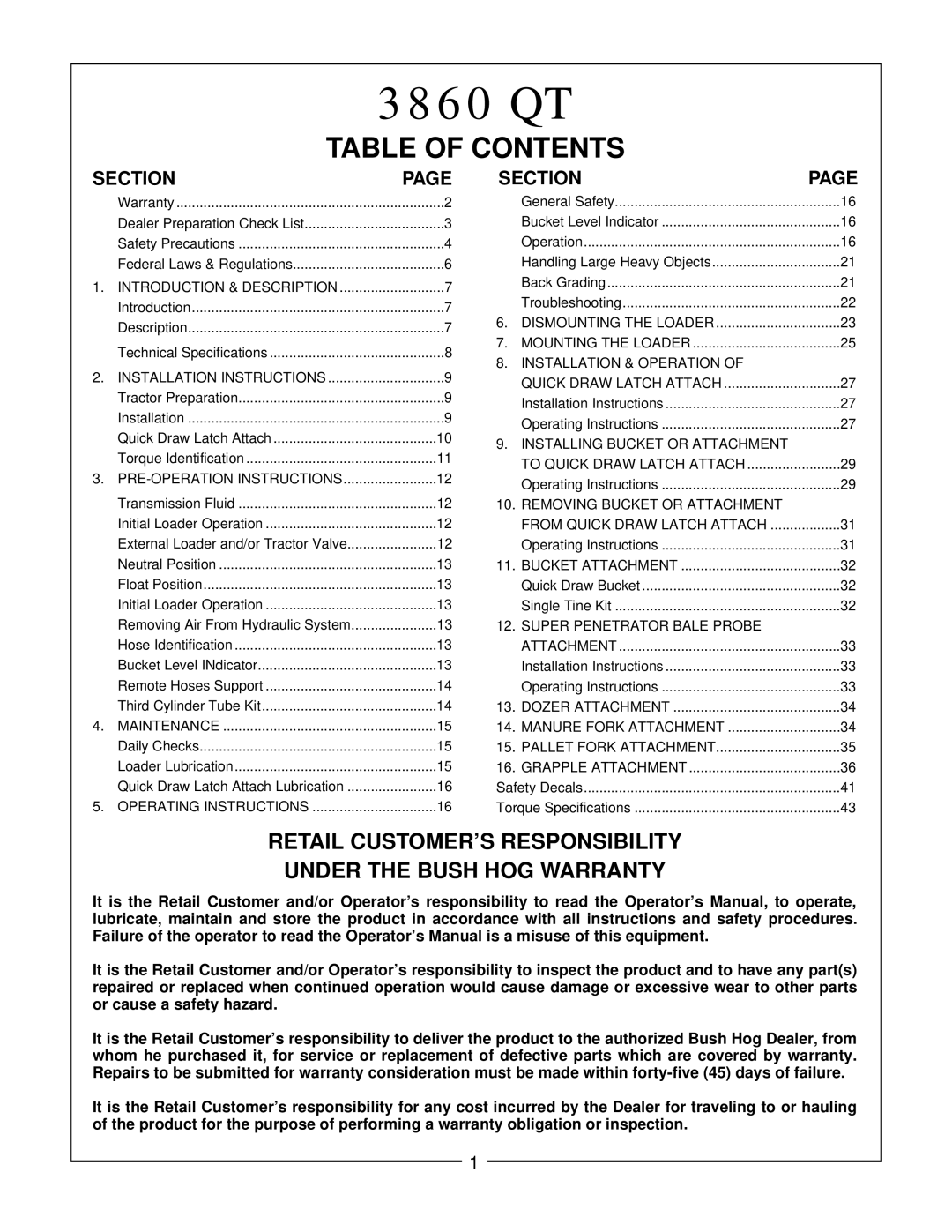 Bush Hog 3860 QT manual Table Of Contents, Retail Customer’S Responsibility Under The Bush Hog Warranty, Page 