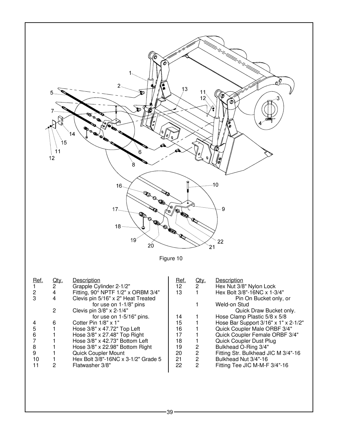 Bush Hog 3860 QT manual Ref. Qty. Description 1 2 Grapple Cylinder 2-1/2, 2 4 Fitting, 90 NPTF 1/2 x ORBM 3/4, Weld-on Stud 