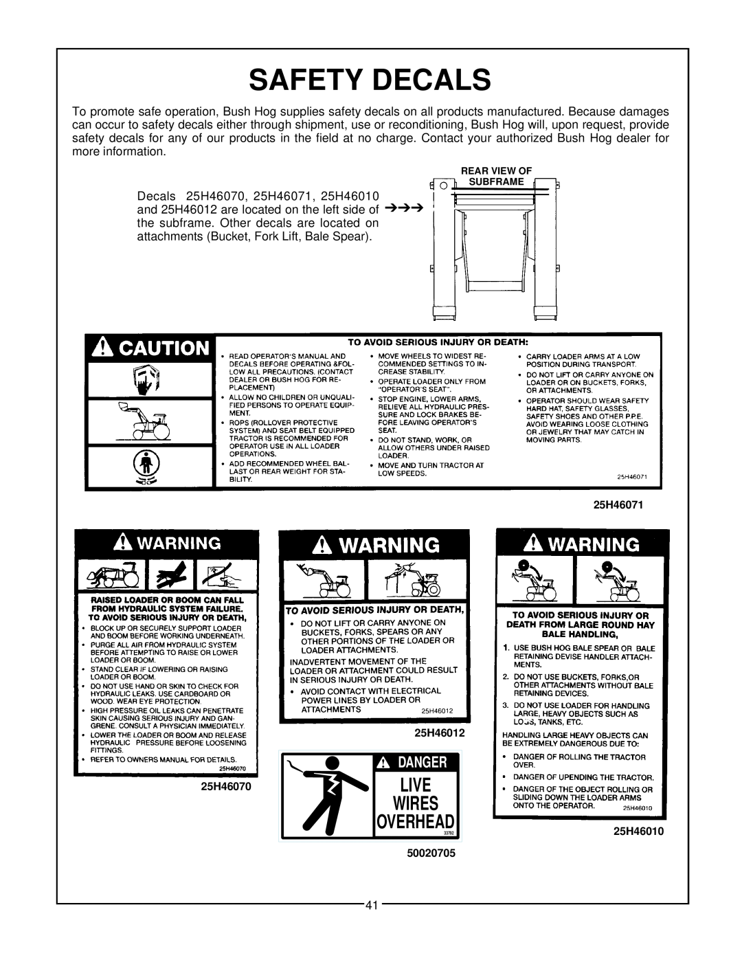 Bush Hog 3860 QT manual Safety Decals, Danger, Live, Wires, Overhead 