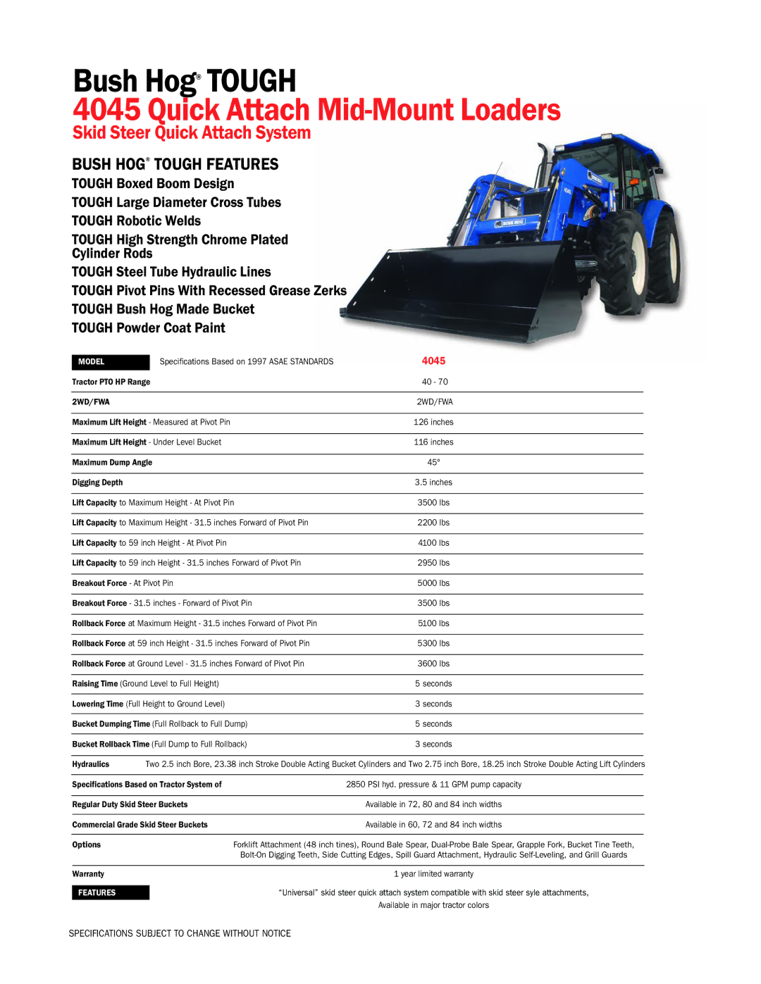 Bush Hog 4045 specifications Tractor PTO HP Range, Maximum Lift Height Under Level Bucket, Breakout Force At Pivot Pin 