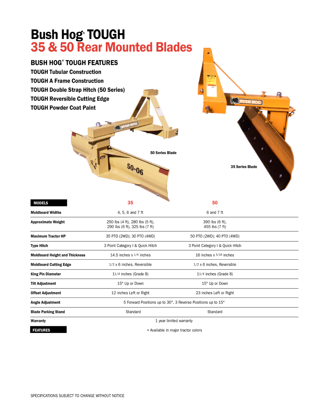 Bush Hog specifications 35 & 50 Rear Mounted Blades, Bush Hog Tough Features, Models 