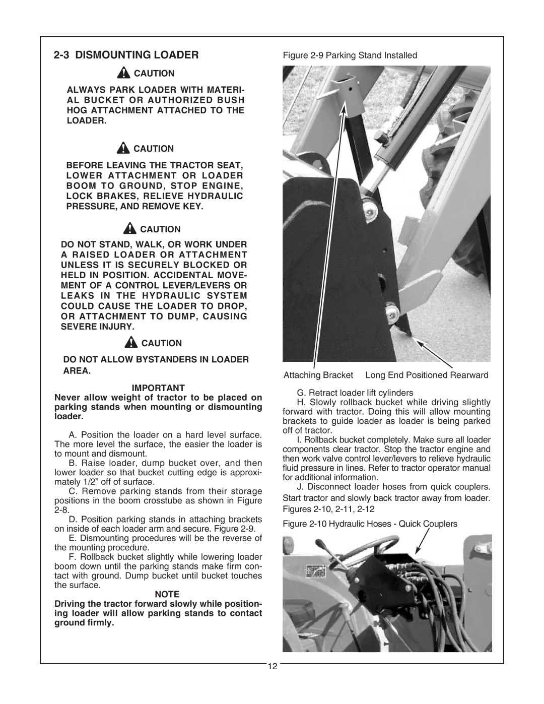 Bush Hog 5045 manual Dismounting Loader, Hydraulic Hoses Quick Couplers 