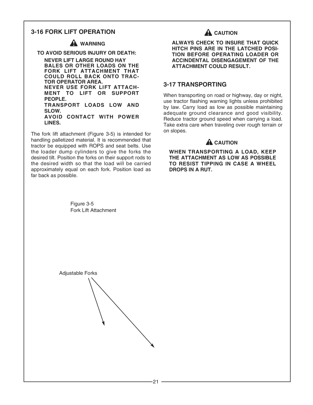 Bush Hog 5045 manual Fork Lift Operation, Transporting 