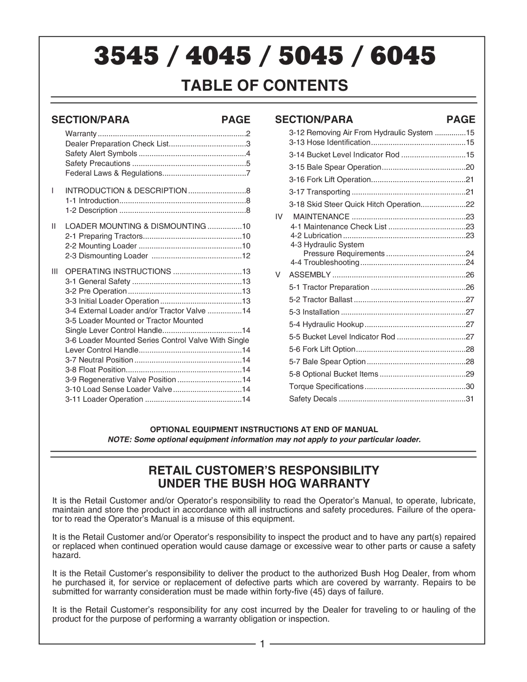 Bush Hog manual 3545 / 4045 / 5045, Table of Contents 