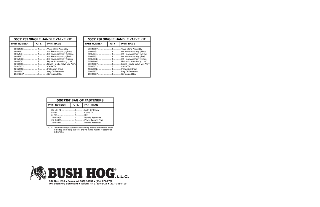 Bush Hog 5045 manual Single Handle Valve KIT 