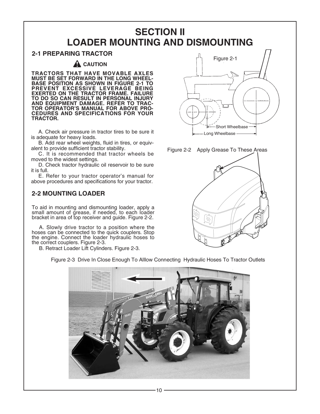 Bush Hog 5045 manual Section Loader Mounting And Dismounting, Preparing Tractor, Mounting Loader 
