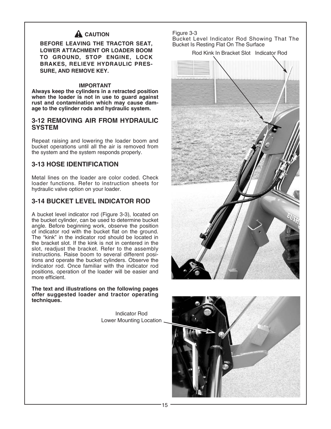 Bush Hog 5045 manual Removing Air From Hydraulic System, Hose Identification, Bucket Level Indicator Rod 