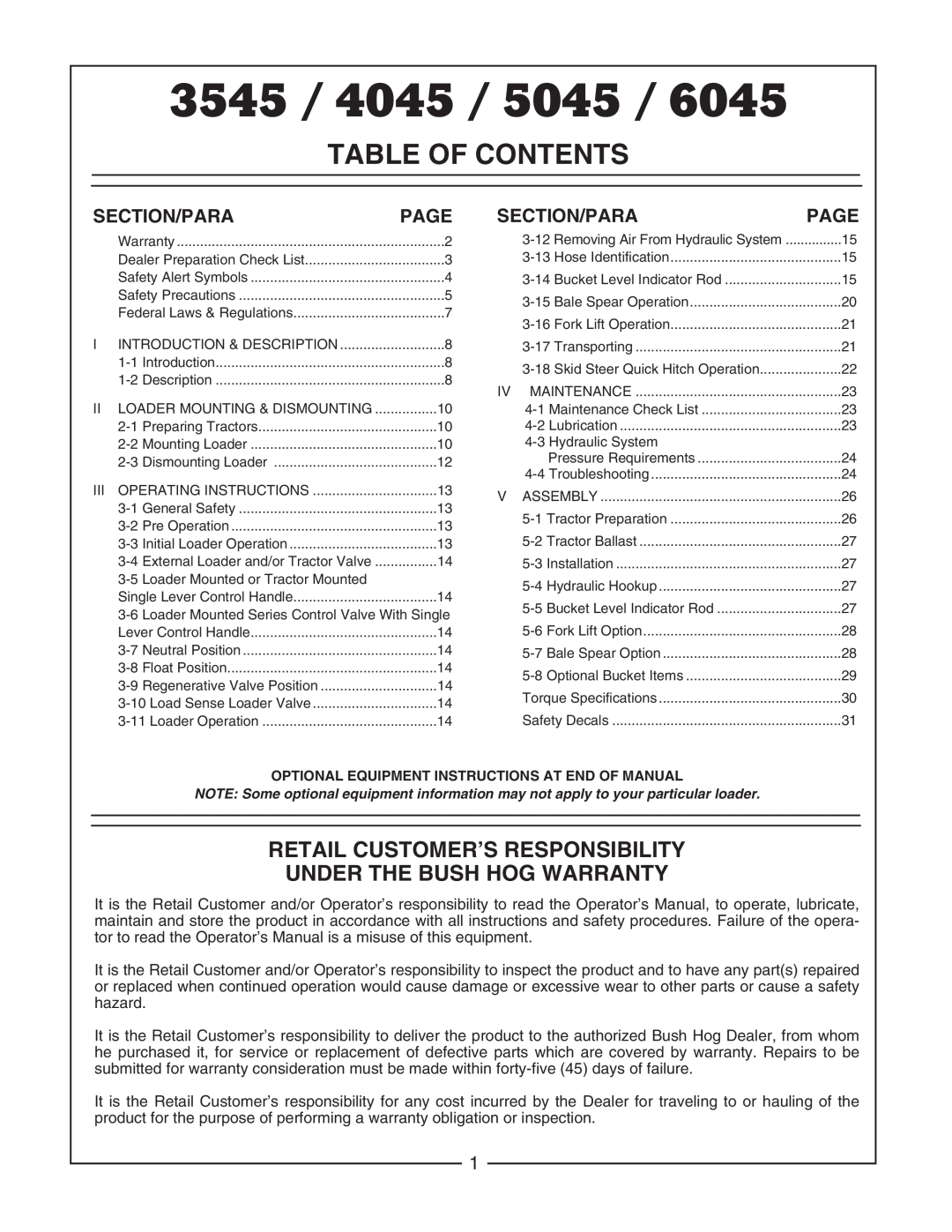Bush Hog 5045 3545, Table Of Contents, Retail Customer’S Responsibility Under The Bush Hog Warranty, Section/Para, Page 