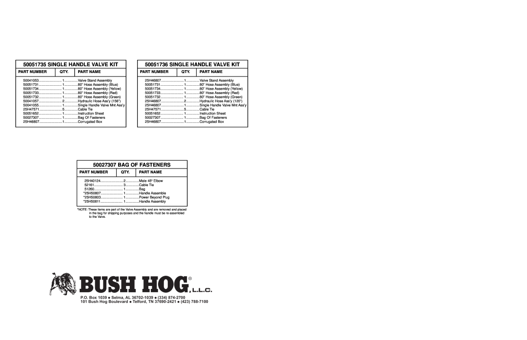Bush Hog 5045 manual Single Handle Valve Kit, Bag Of Fasteners, P.O. Box 1039 Selma, AL, Bush Hog Boulevard Telford, TN 