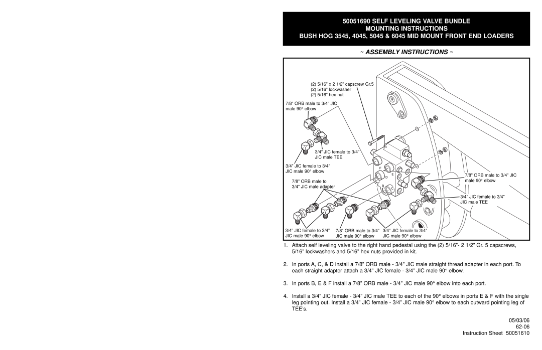 Bush Hog 5045 manual Self Leveling Valve Bundle Mounting Instructions, ~ Assembly Instructions ~ 
