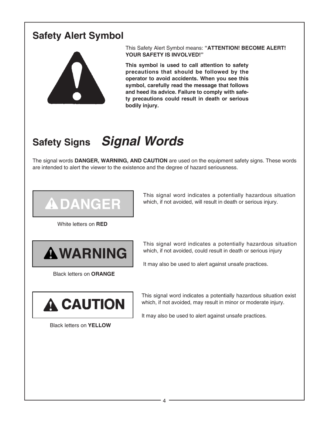 Bush Hog 5045 manual Safety Alert Symbol, Safety Signs Signal Words, Your Safety Is Involved!” 