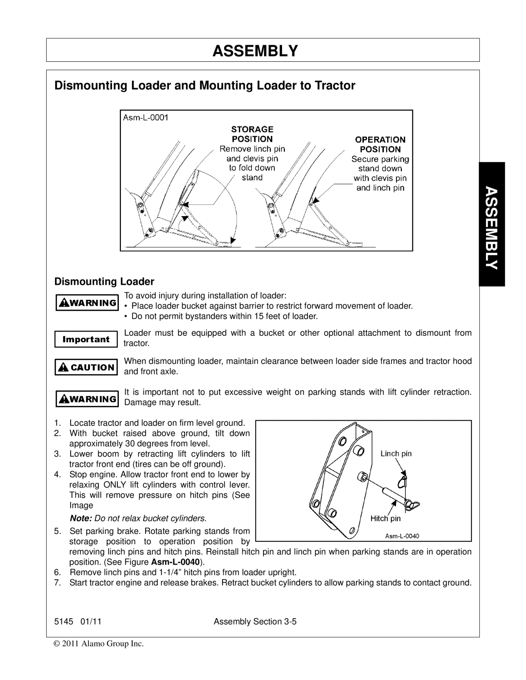 Bush Hog 5145 manual Dismounting Loader and Mounting Loader to Tractor 