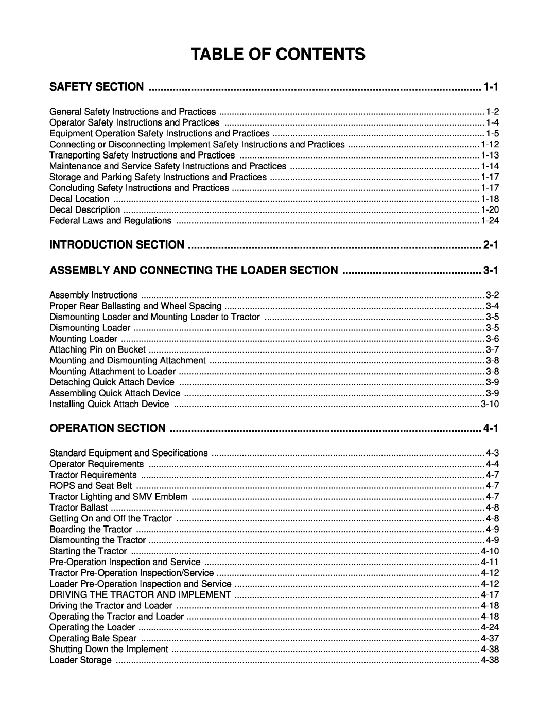Bush Hog 5145 manual Table Of Contents, Safety Section, Introduction Section, Assembly And Connecting The Loader Section 