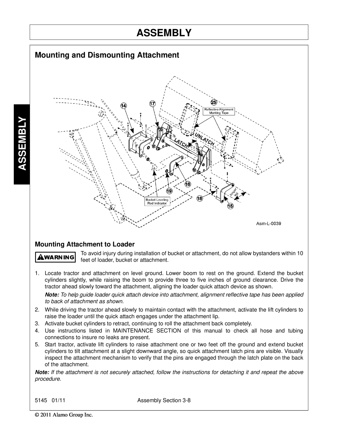 Bush Hog 5145 manual Assembly, Mounting and Dismounting Attachment, Mounting Attachment to Loader 