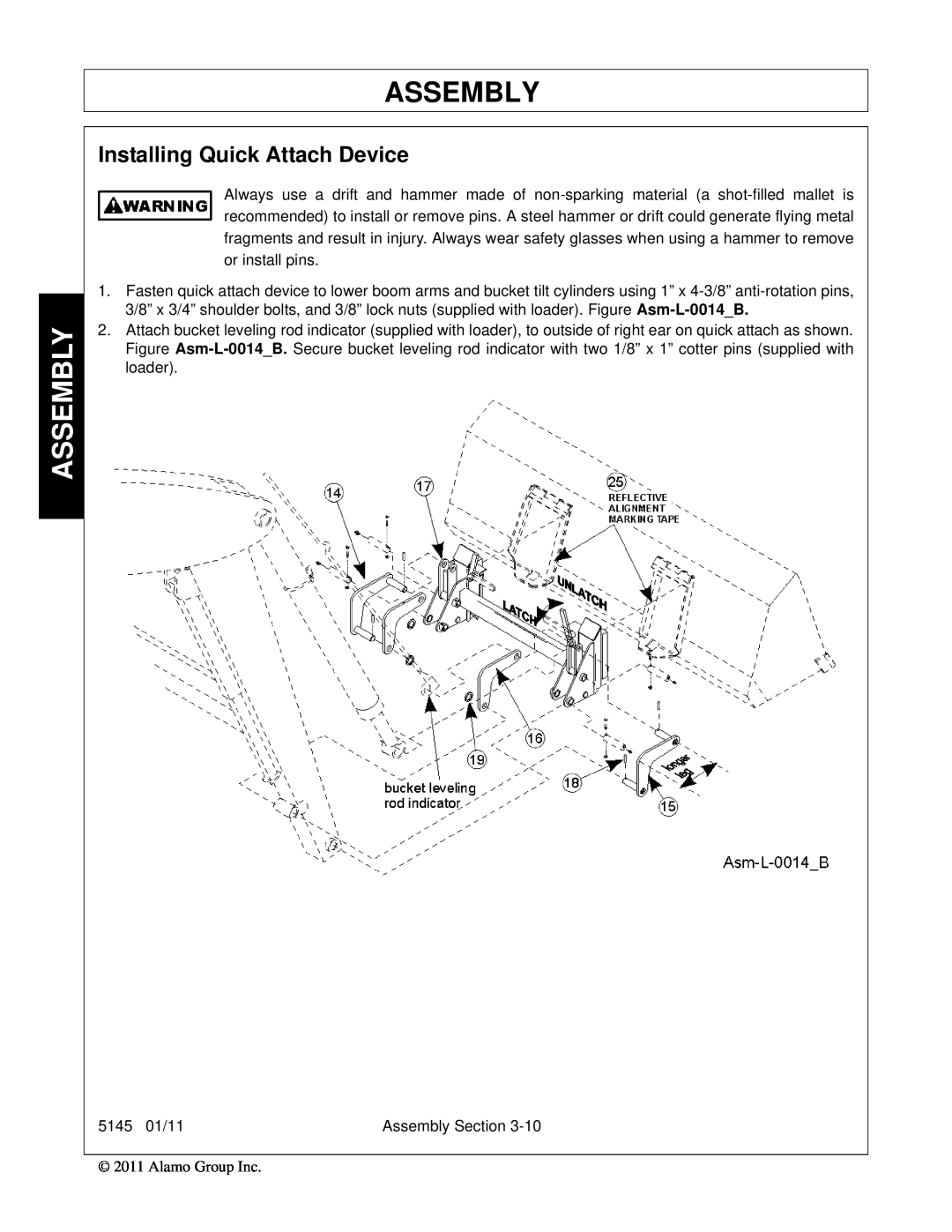 Bush Hog 5145 manual Assembly, Installing Quick Attach Device 