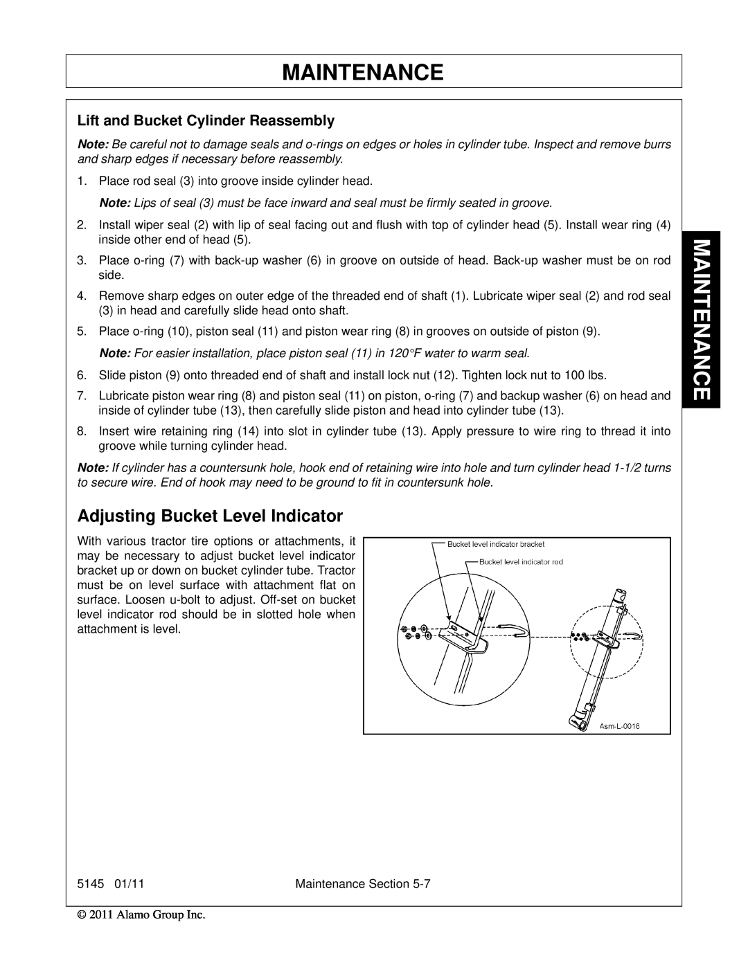 Bush Hog 5145 manual Maintenance, Adjusting Bucket Level Indicator, Lift and Bucket Cylinder Reassembly 