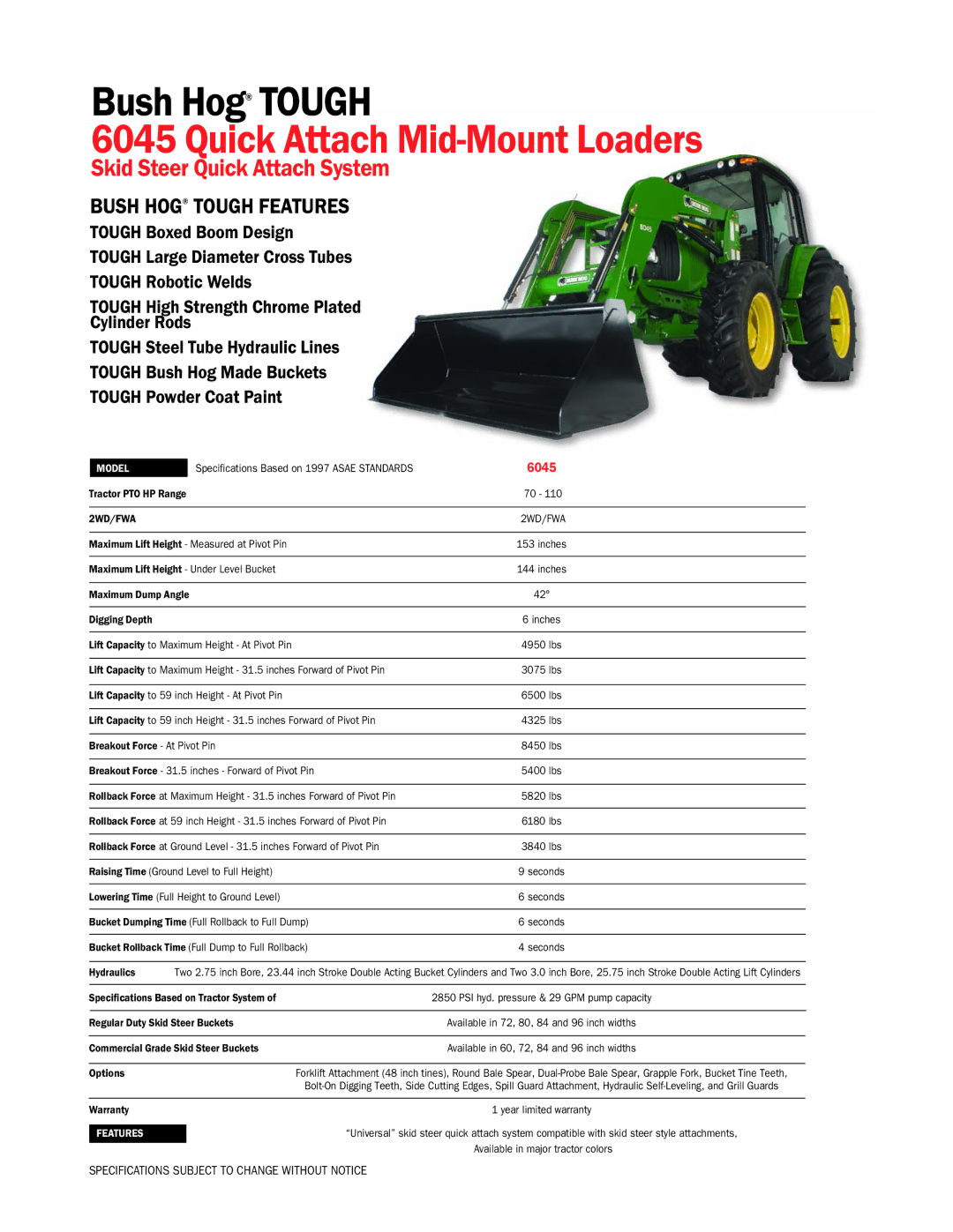 Bush Hog 6045 specifications Tractor PTO HP Range, Maximum Lift Height Under Level Bucket, Breakout Force At Pivot Pin 