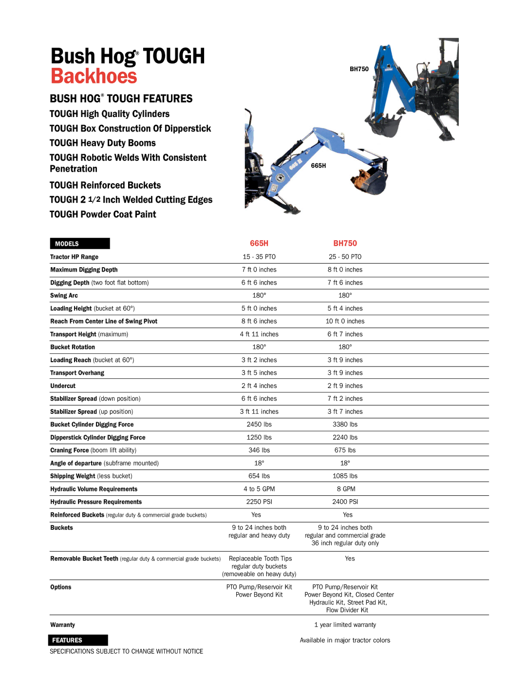 Bush Hog 665H specifications Backhoes, Bush Hog Tough Features 