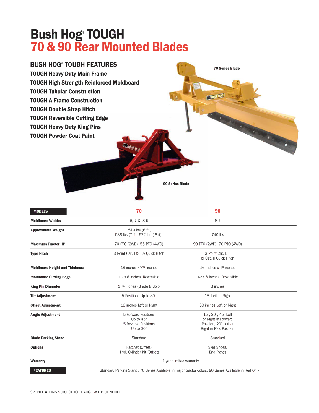 Bush Hog specifications 70 & 90 Rear Mounted Blades, BUsH HOG Tough FeaTURes, MODels 