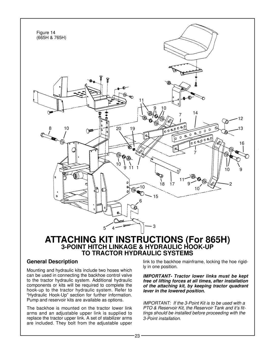 Bush Hog 665H, 965H, 765H manual Attaching KIT Instructions For 865H, General Description 