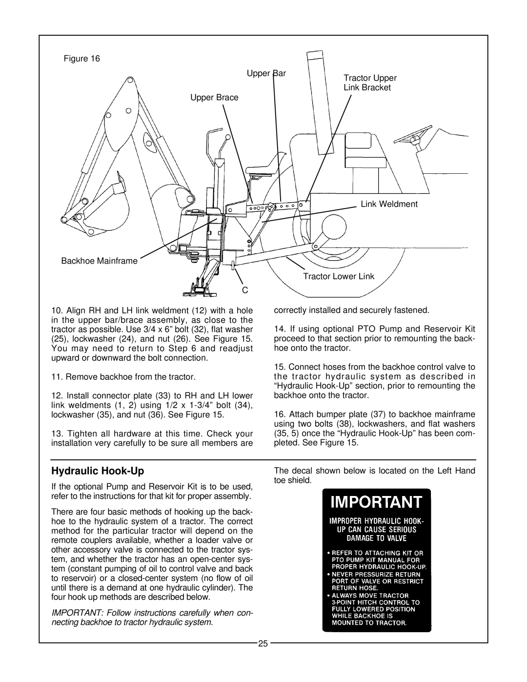 Bush Hog 765H, 965H, 665H, 865H manual Hydraulic Hook-Up 