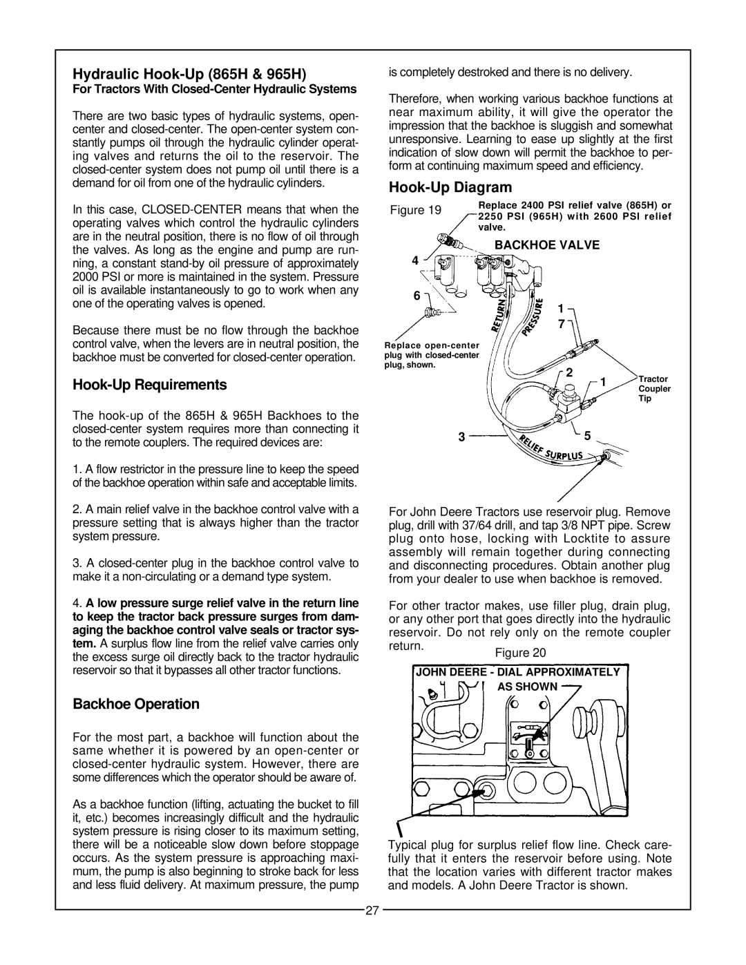 Bush Hog 665H, 765H Hydraulic Hook-Up 865H & 965H, Hook-Up Requirements, Backhoe Operation, Hook-Up Diagram, Backhoe Valve 