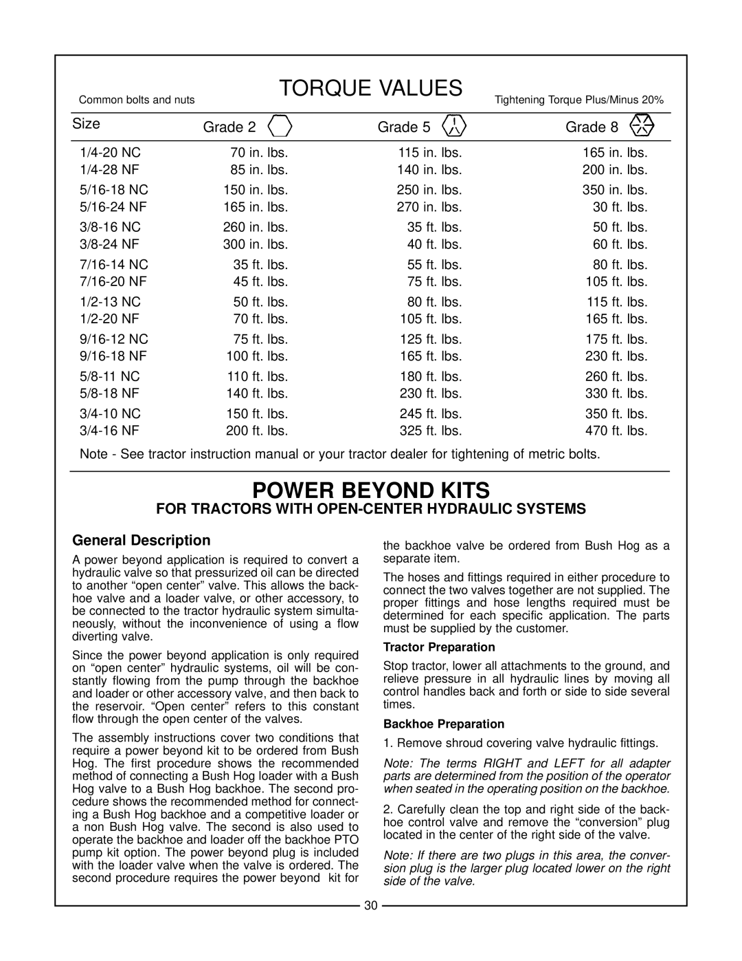 Bush Hog 965H, 665H, 865H, 765H For Tractors with OPEN-CENTER Hydraulic Systems, Tractor Preparation, Backhoe Preparation 