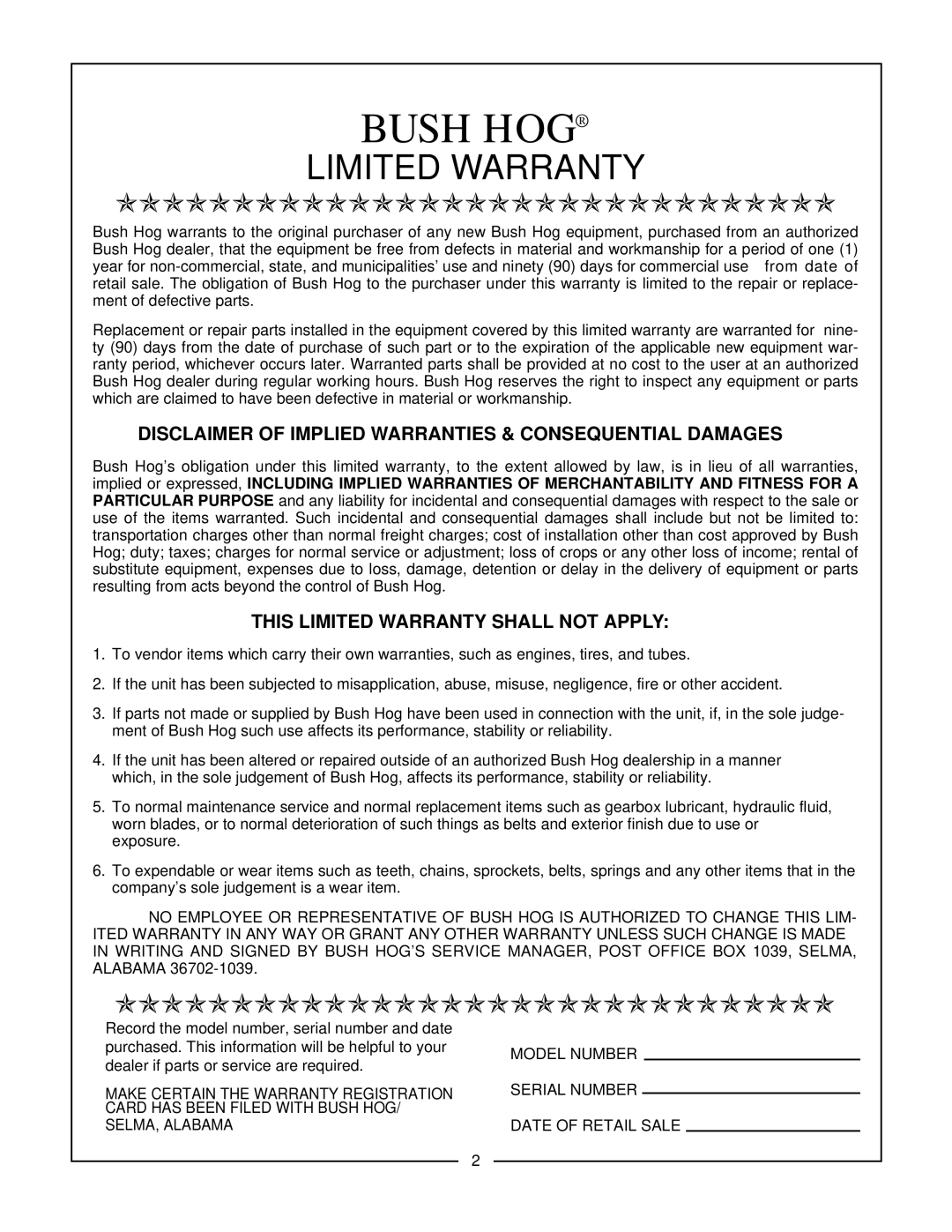 Bush Hog 965H, 665H, 865H Disclaimer of Implied Warranties & Consequential Damages, This Limited Warranty Shall not Apply 