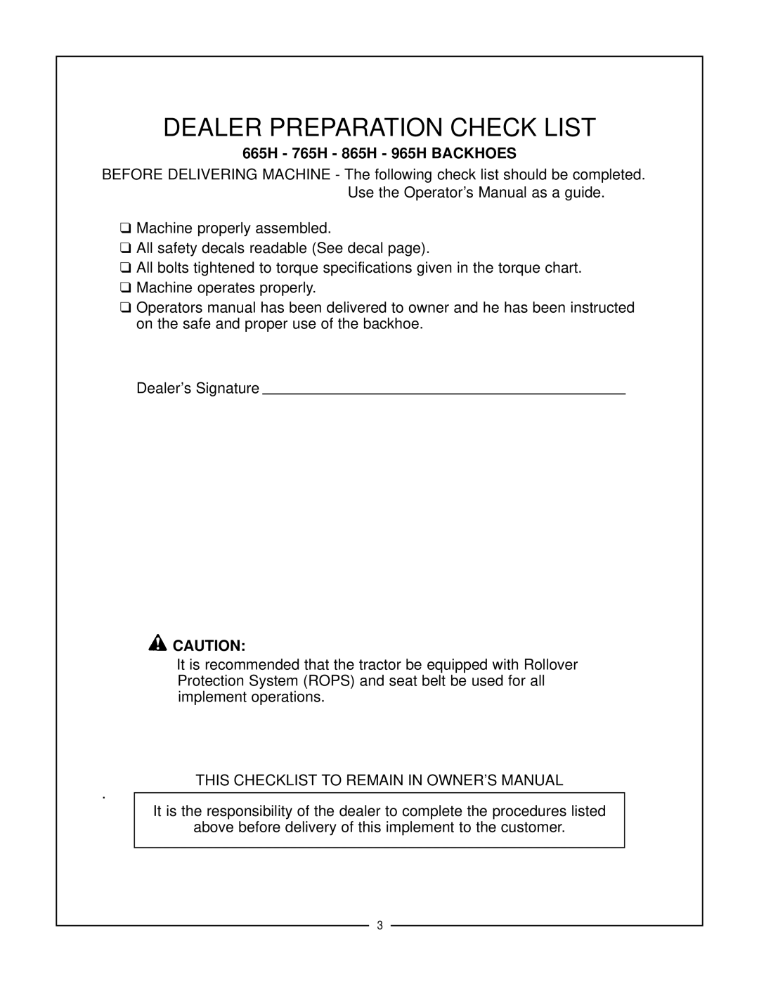 Bush Hog manual Dealer Preparation Check List, 665H 765H 865H 965H Backhoes 