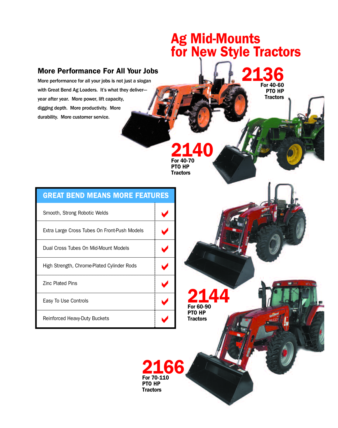 Bush Hog Ag Loader manual More Performance For All Your Jobs, 2136, 2140, 2144, 2166, Ag Mid-Mounts for New Style Tractors 