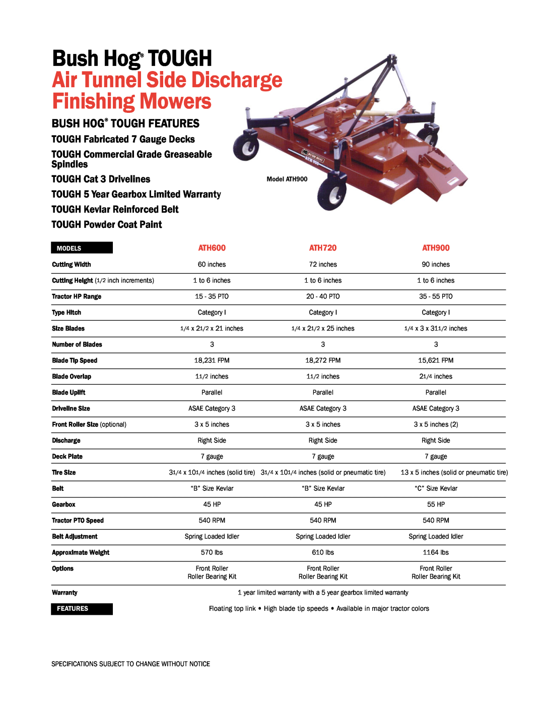 Bush Hog ATH720 specifications Air Tunnel Side Discharge Finishing Mowers, Bush Hog TOUGH Features, ATH600, ATH900 