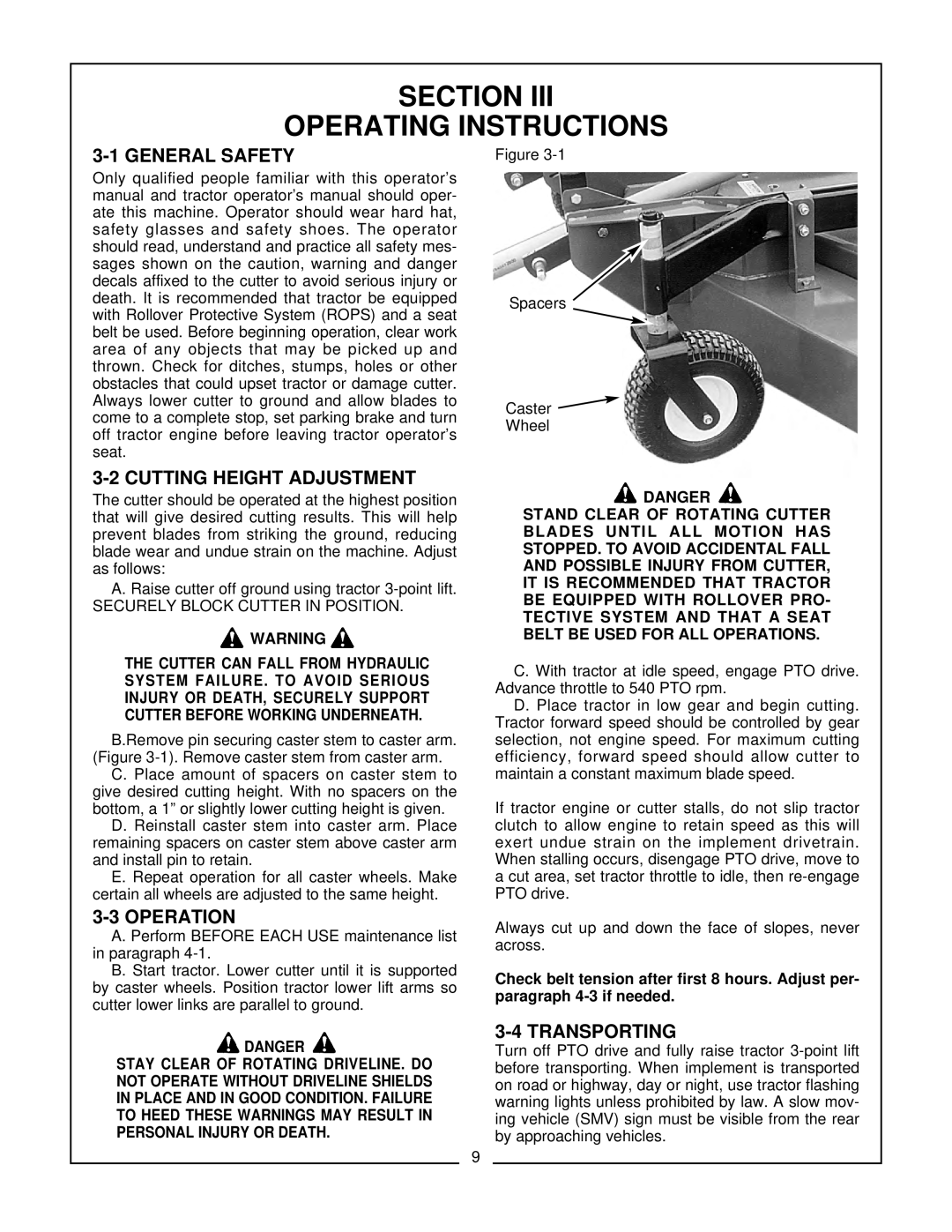 Bush Hog ATH 900 manual Section Operating Instructions, Cutting Height Adjustment, Operation 