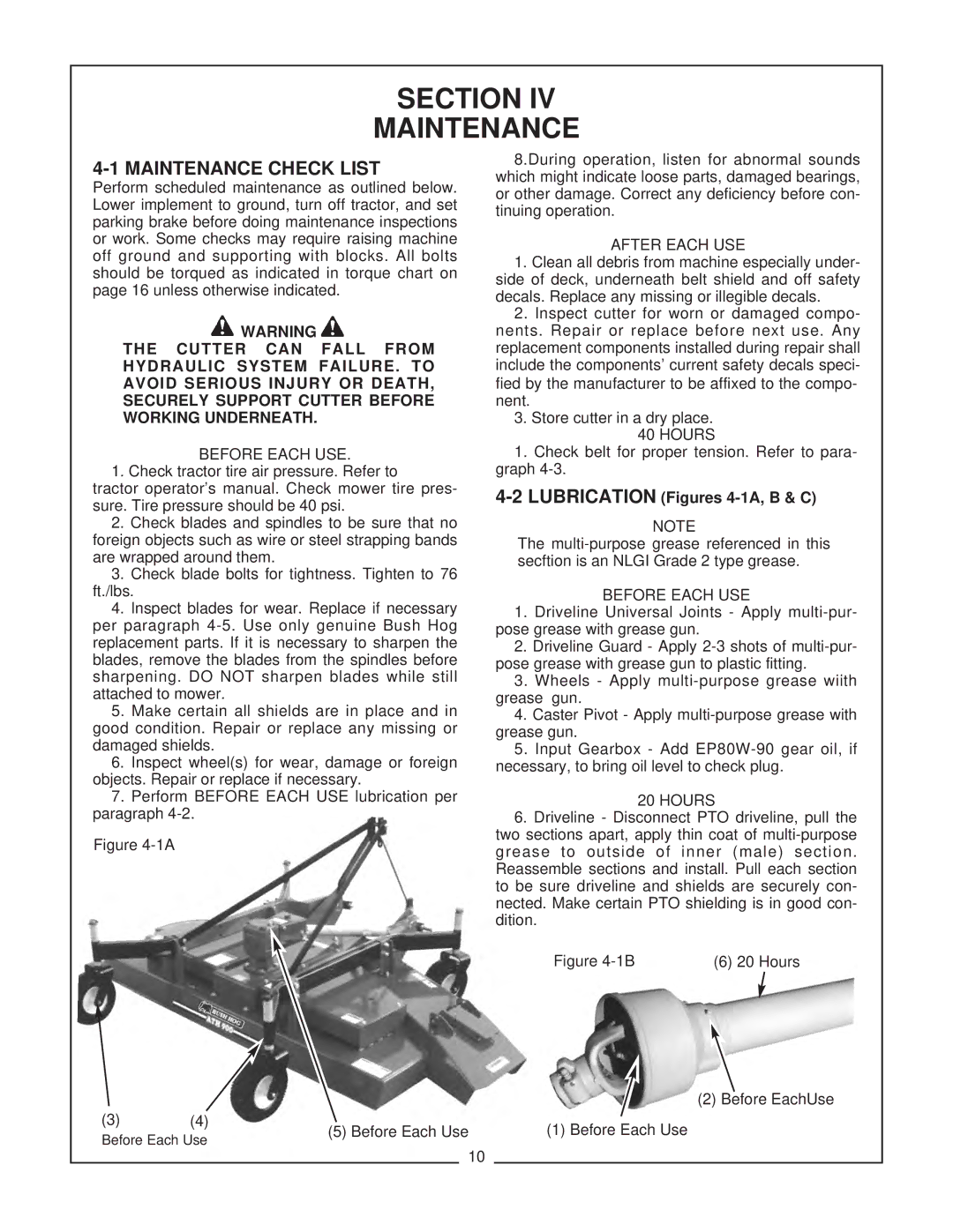 Bush Hog ATH 900 manual Section Maintenance, Maintenance Check List 