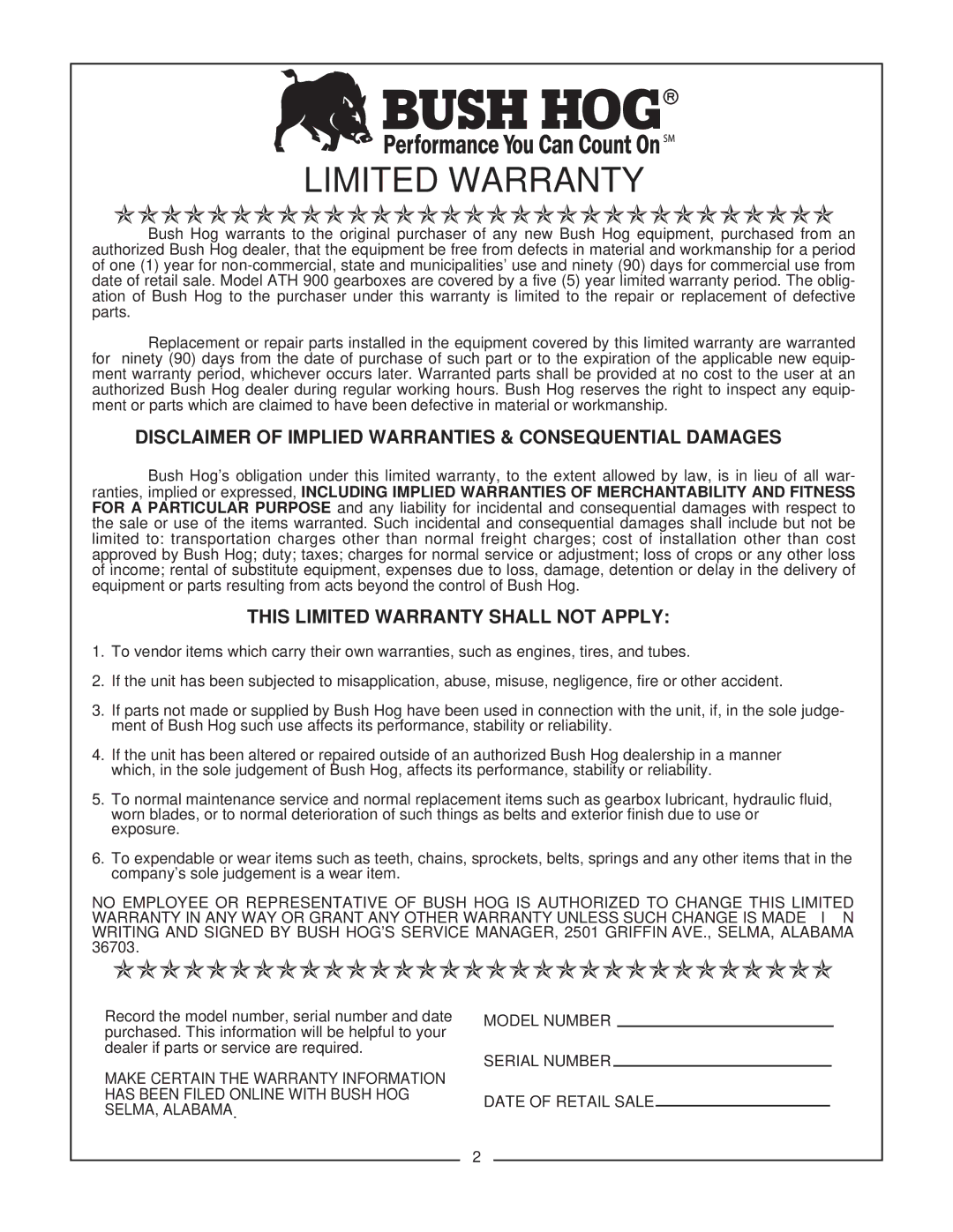 Bush Hog ATH 900 manual Disclaimer of Implied Warranties & Consequential Damages, This Limited Warranty Shall not Apply 