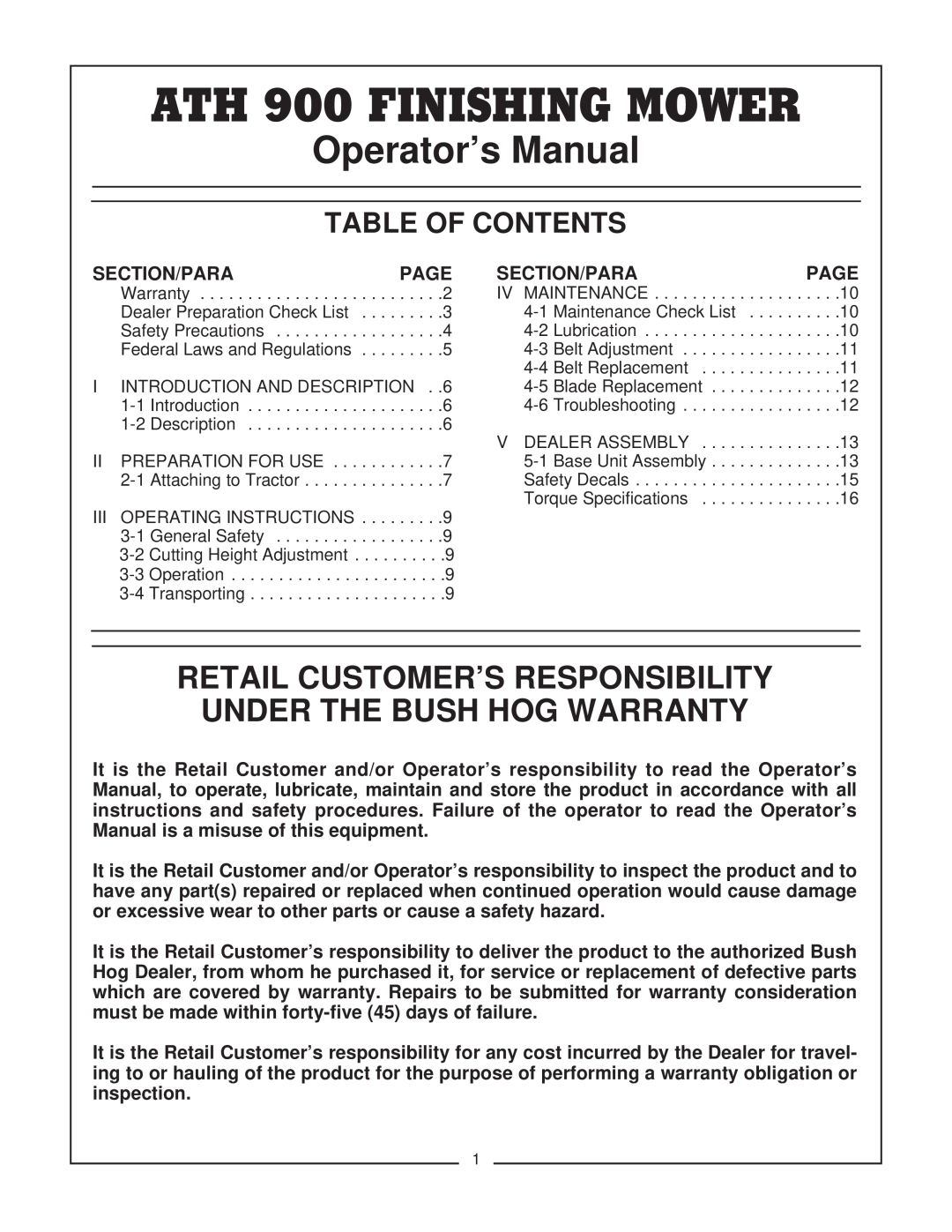 Bush Hog manual Table Of Contents, ATH 900Operator’sFINISHINGManualMOWER 