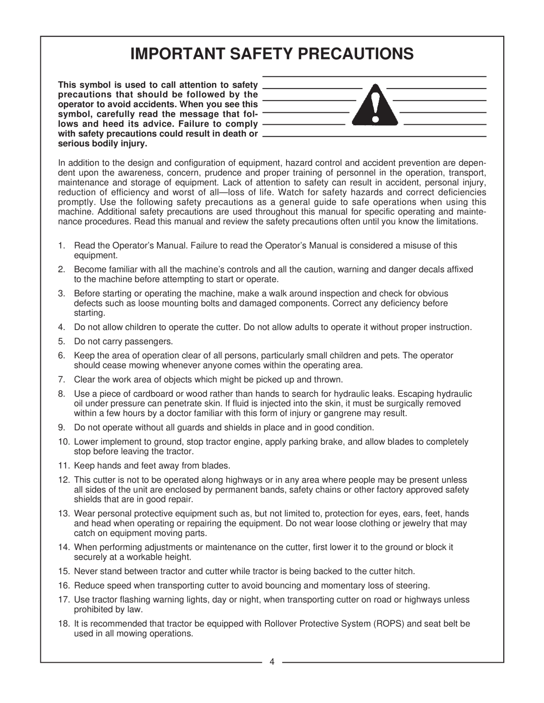 Bush Hog ATH 900 manual Important Safety Precautions 