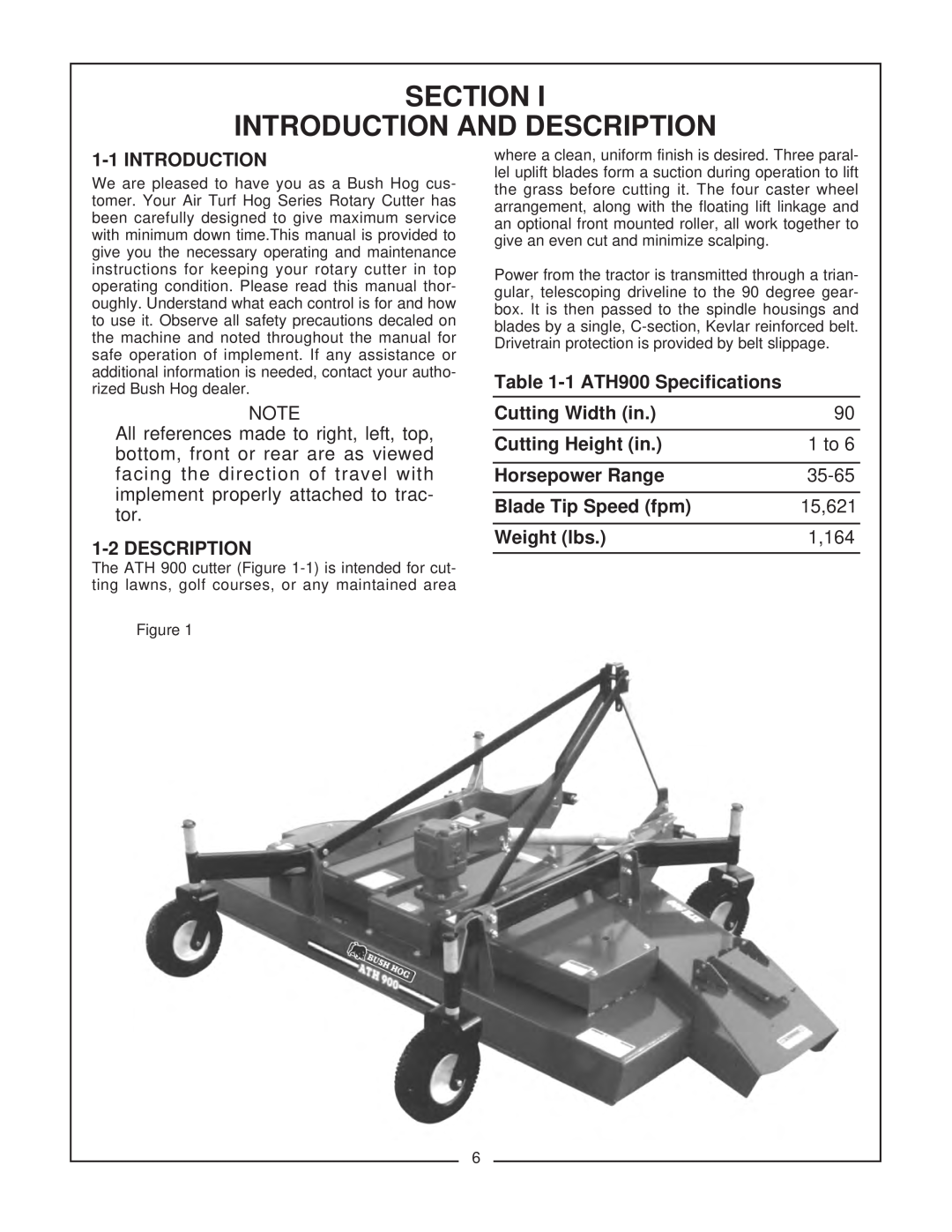 Bush Hog ATH 900 manual Section, Introduction And Description, 1 ATH900 Specifications, Cutting Width in, Cutting Height in 