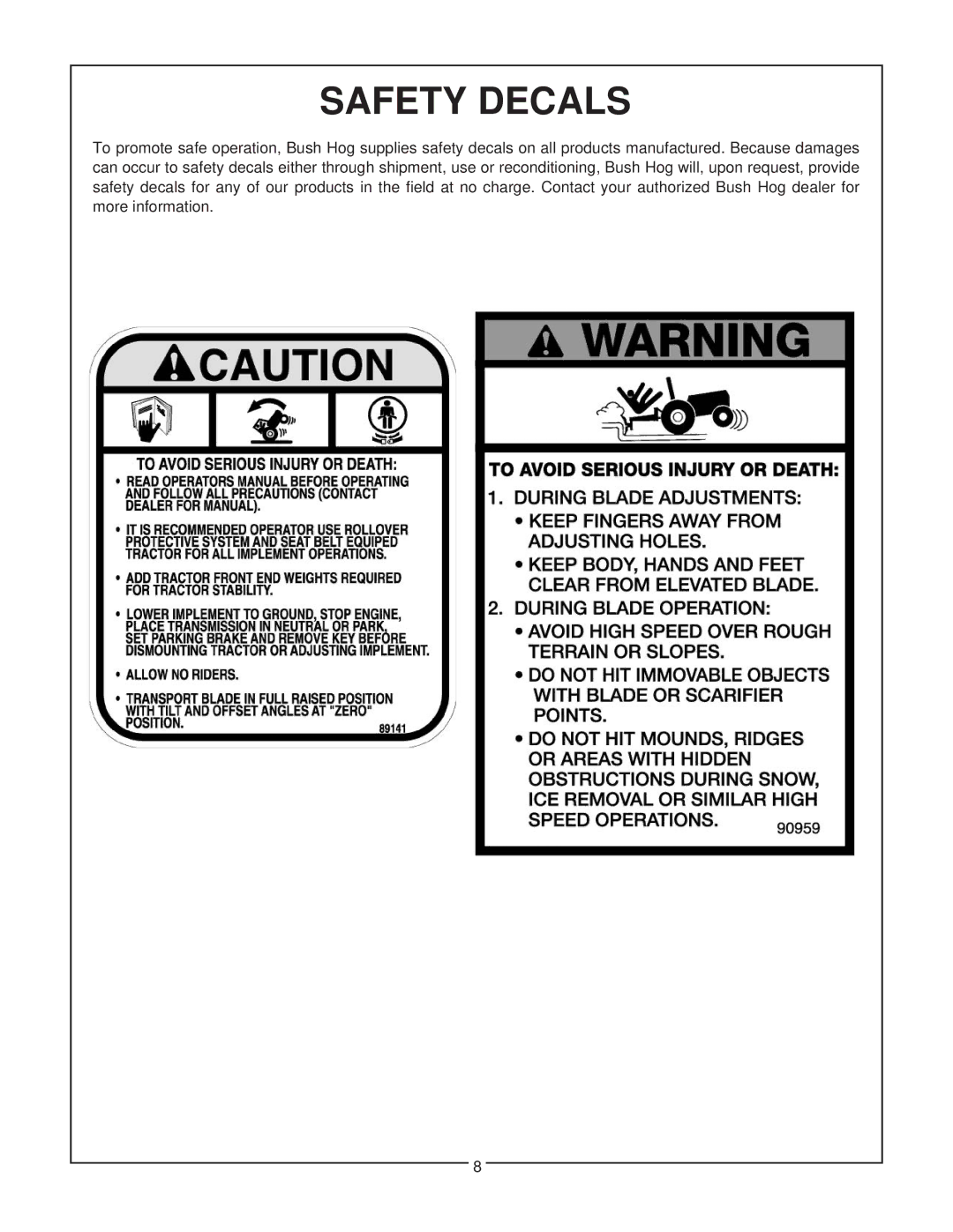 Bush Hog BBC 60, BBC 48 manual Safety Decals 