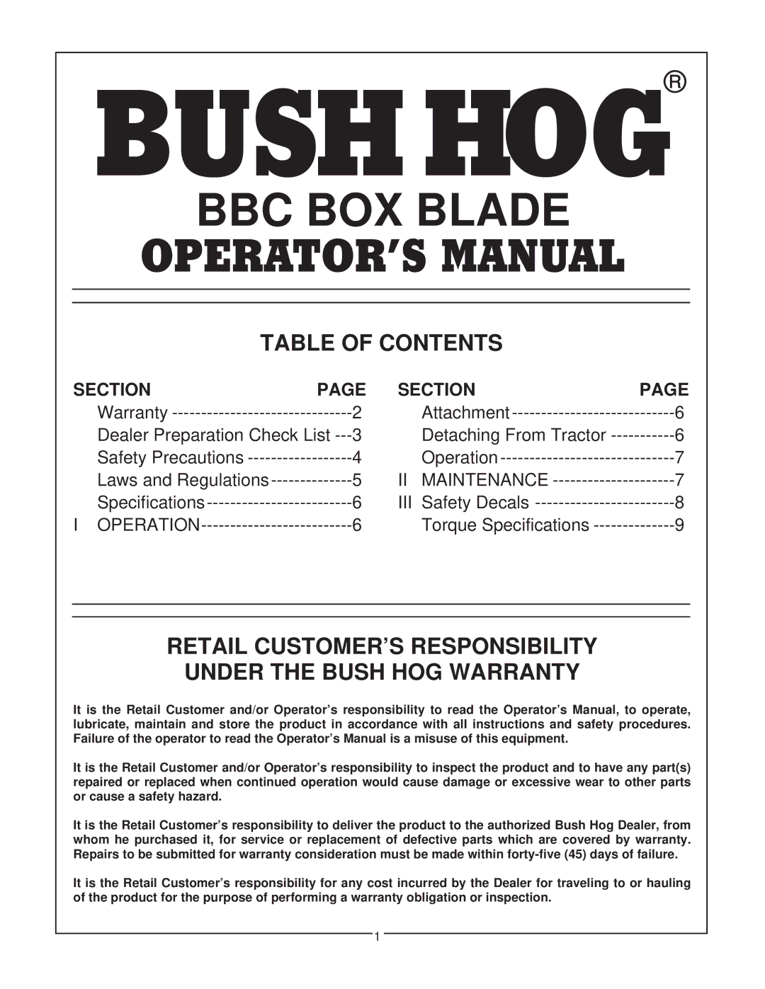 Bush Hog BBC 48, BBC 60 manual Table of Contents, Retail CUSTOMER’S Responsibility Under the Bush HOG Warranty 