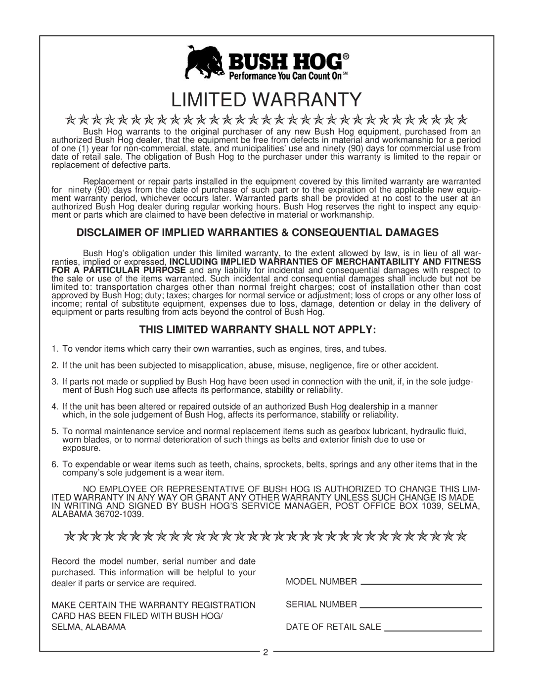 Bush Hog BBC 60, BBC 48 Disclaimer of Implied Warranties & Consequential Damages, This Limited Warranty Shall not Apply 