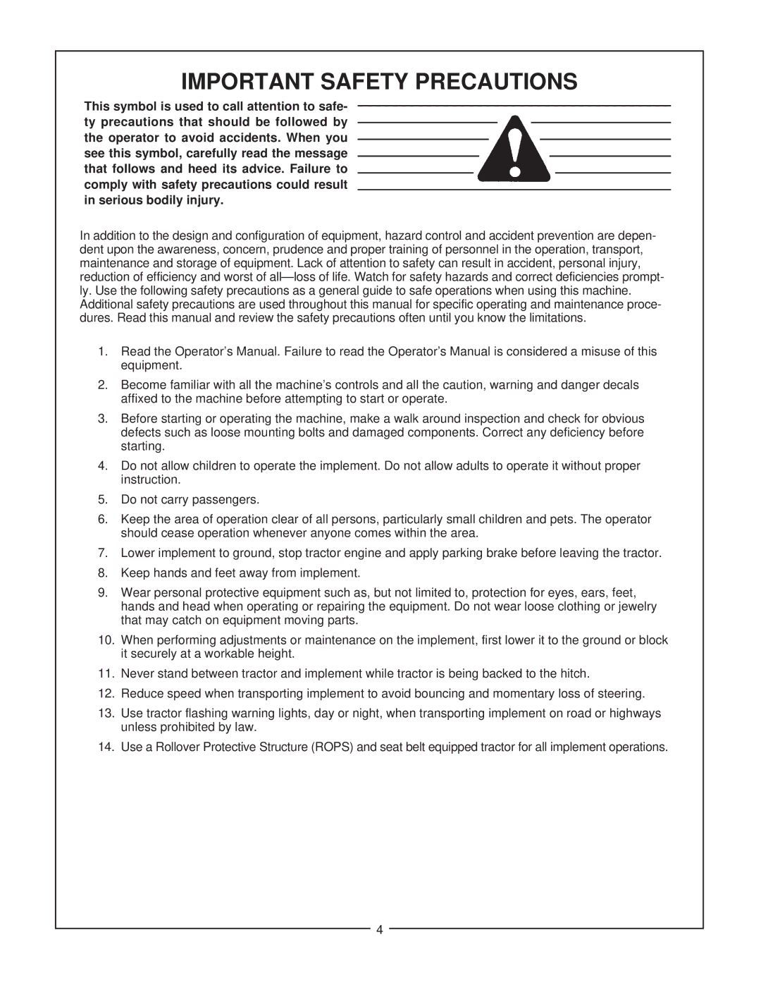 Bush Hog BBC 60, BBC 48 manual Important Safety Precautions 