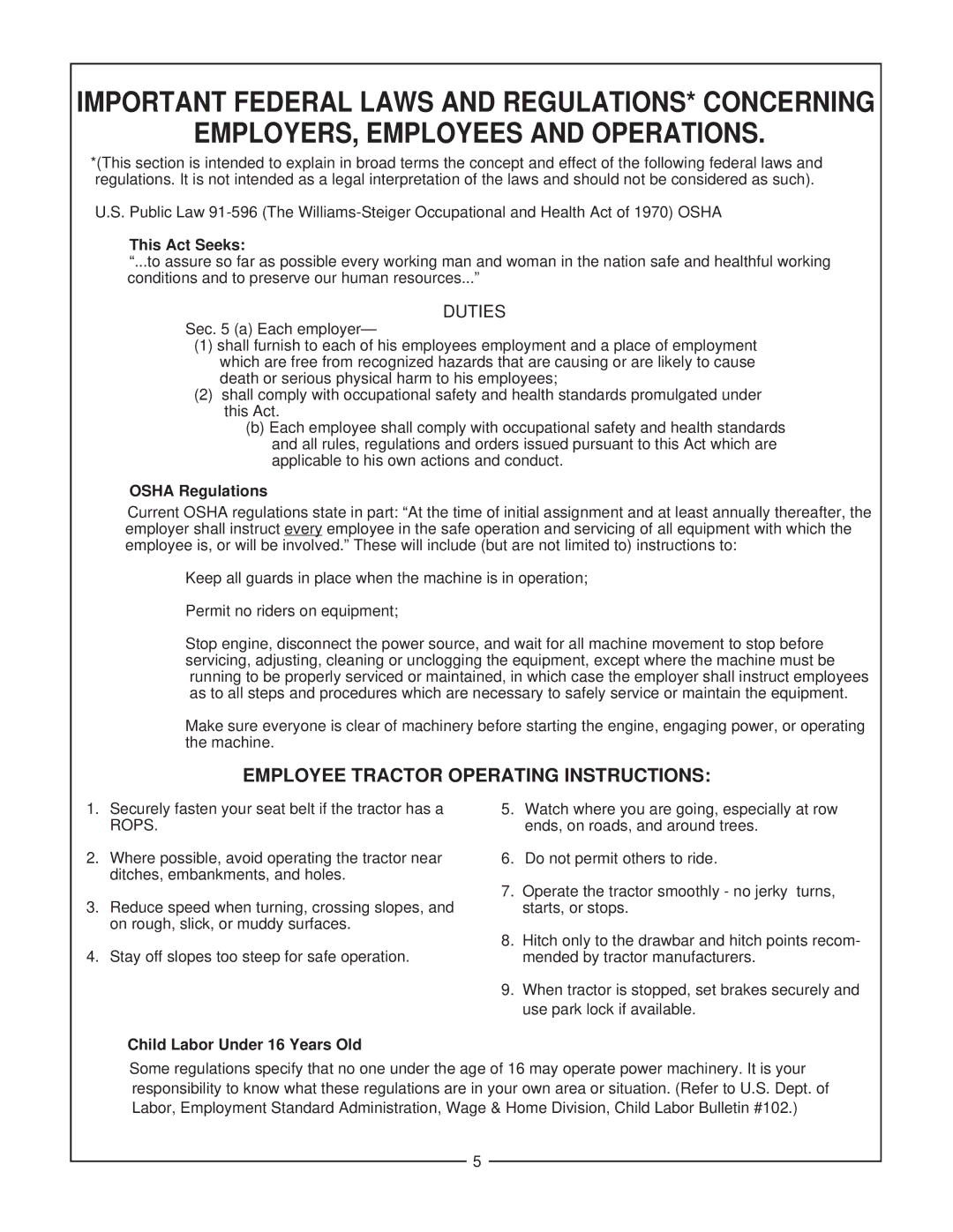 Bush Hog BBC 48, BBC 60 manual EMPLOYERS, Employees and Operations, Employee Tractor Operating Instructions 