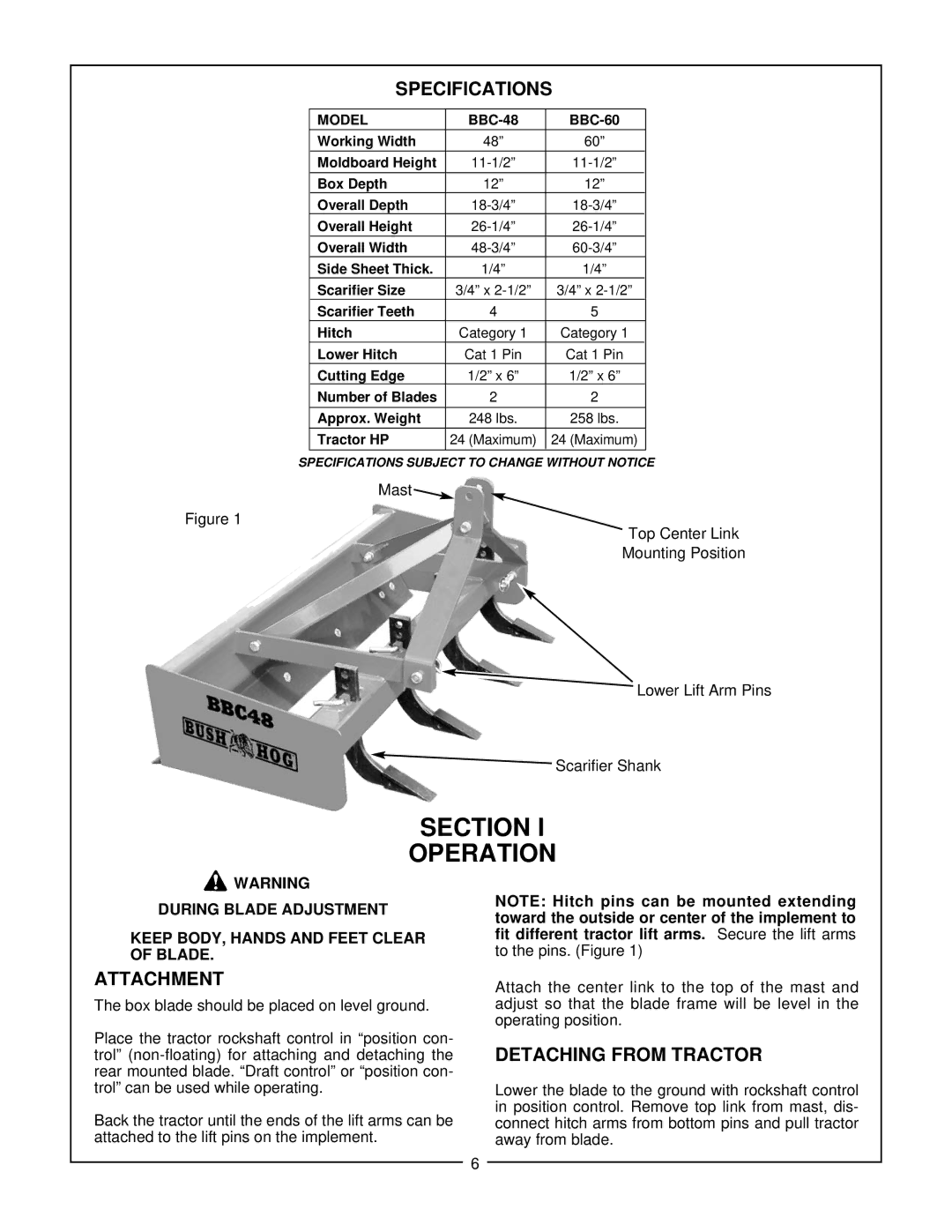 Bush Hog BBC 60, BBC 48 manual Specifications, Attachment, Detaching from Tractor 