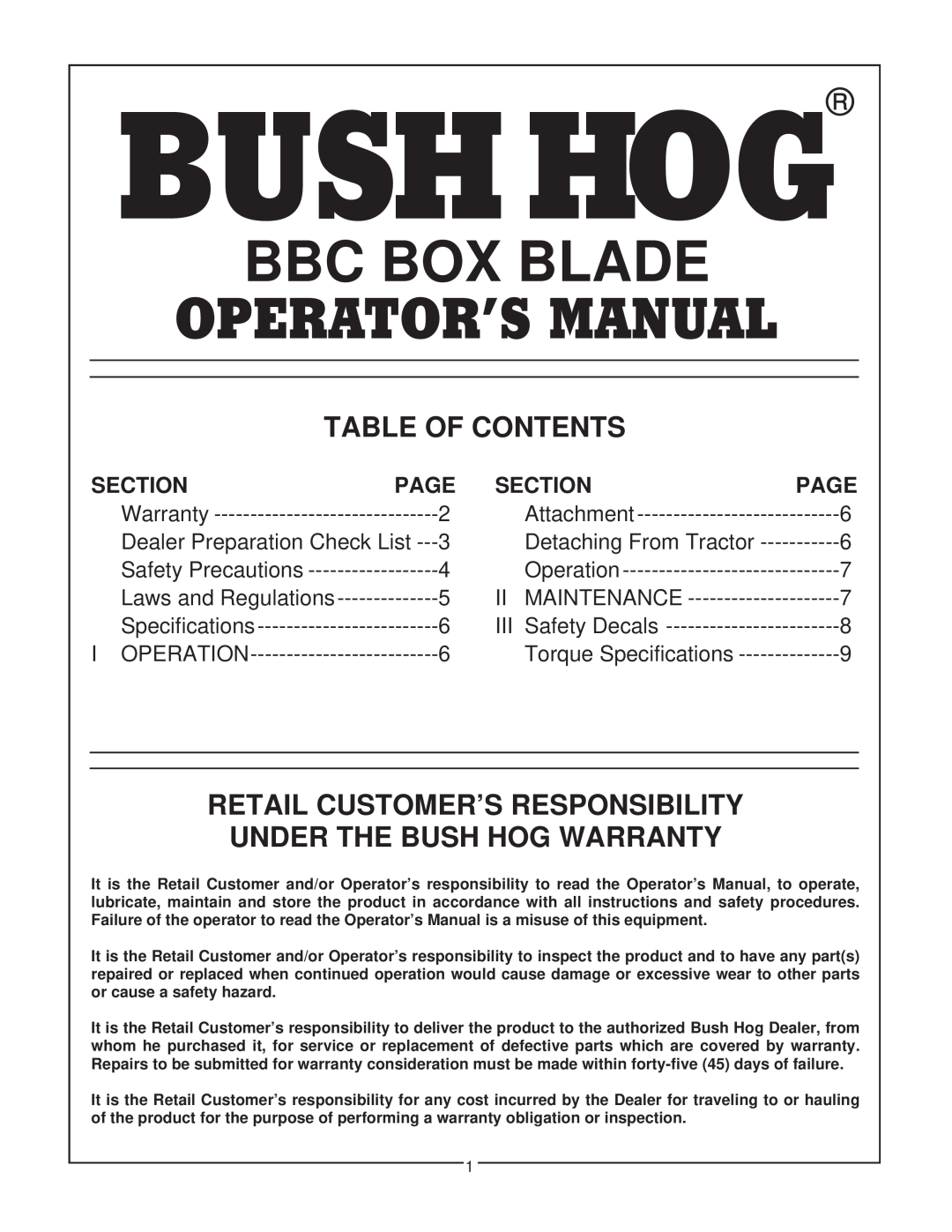 Bush Hog BBC 48 Table Of Contents, Retail Customer’S Responsibility Under The Bush Hog Warranty, Bbc Box Blade, Section 