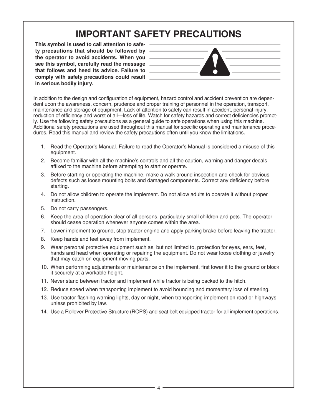 Bush Hog BBC 60, BBC 48 manual Important Safety Precautions 
