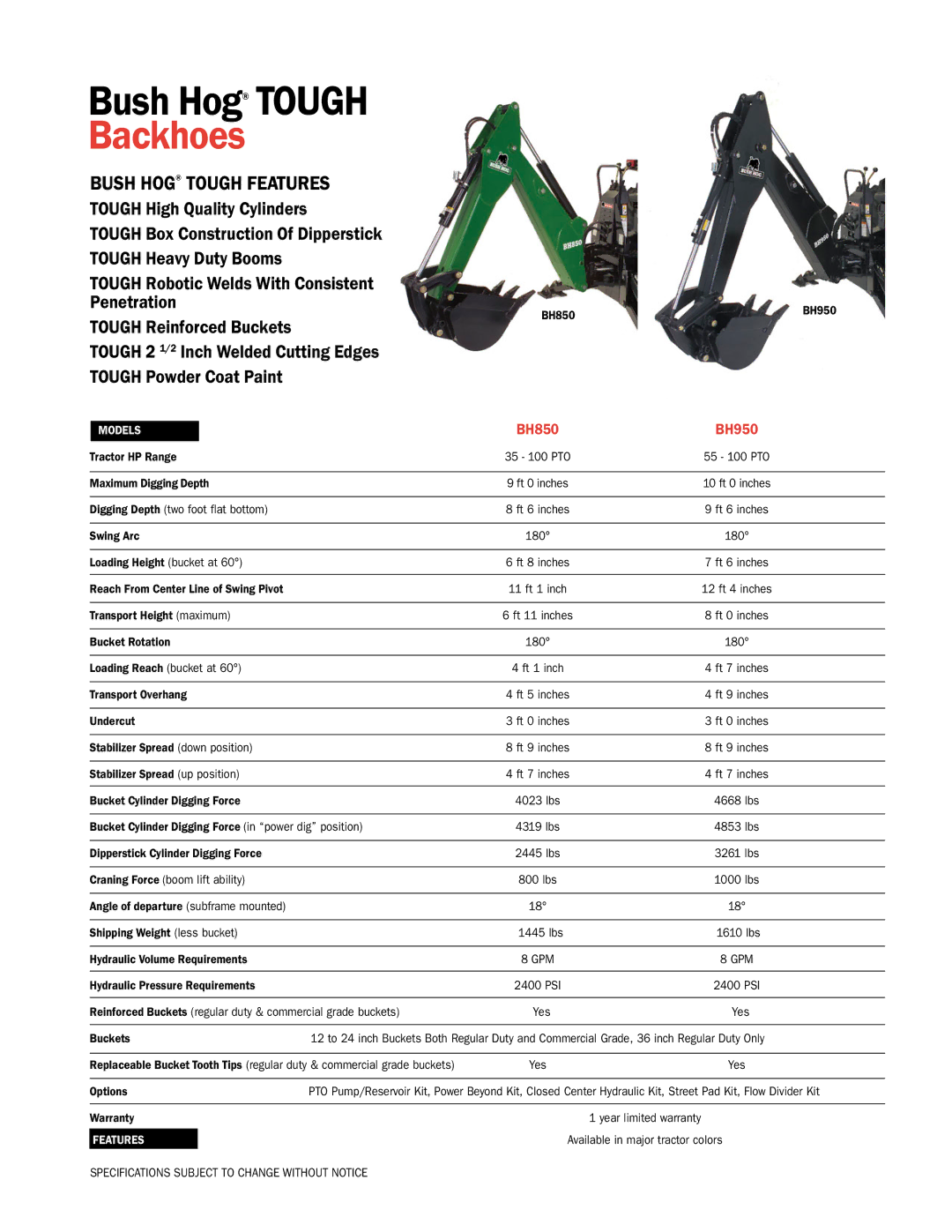 Bush Hog BH950, BH850 specifications Backhoes, Bush Hog Tough Features, Models 