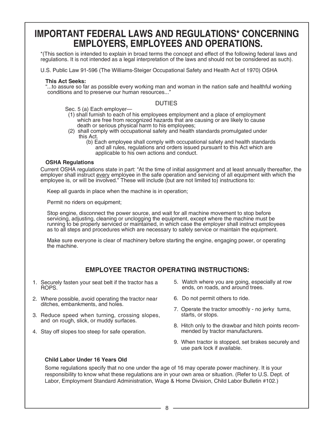 Bush Hog CBH60, CBH80, CBH70 manual EMPLOYERS, Employees and Operations, This Act Seeks, Child Labor Under 16 Years Old 