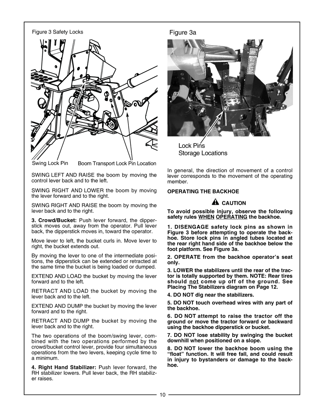 Bush Hog CBH80, CBH60, CBH70 manual Lock Pins Storage Locations, Operating the Backhoe ! Caution 