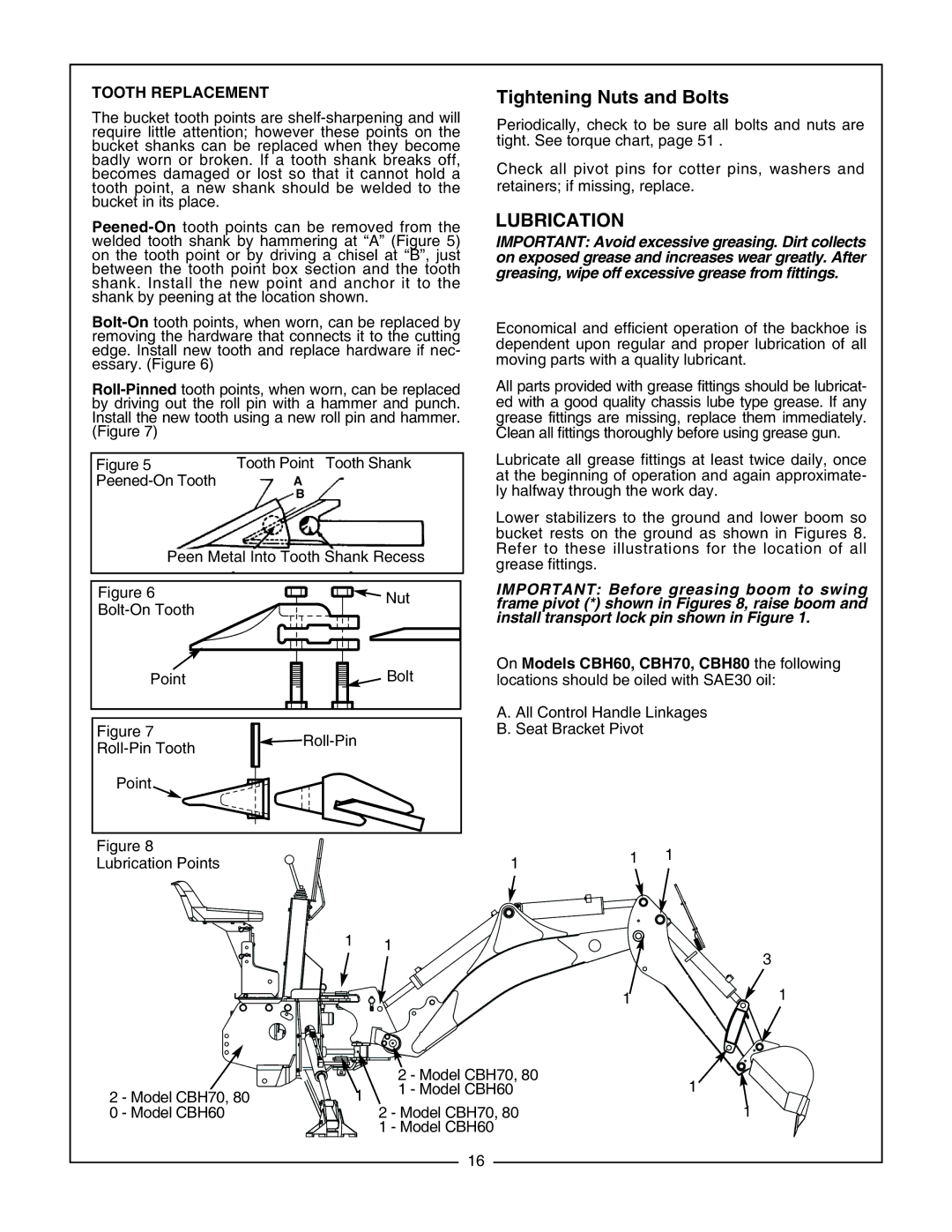 Bush Hog CBH80, CBH60, CBH70 manual Tightening Nuts and Bolts, Lubrication, Tooth Replacement 